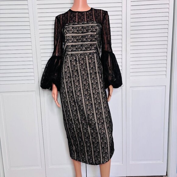 REBECCA VALLANCE Lou Lou Gather Sleeve Black Lace Midi Dress Size 8 - Picture 1 of 13